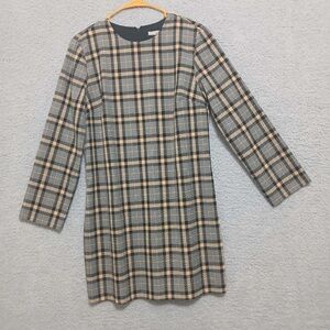 H&M Mod Plaid Long Sleeve Mini Shift Dress Size M Academia Old Money Neutral